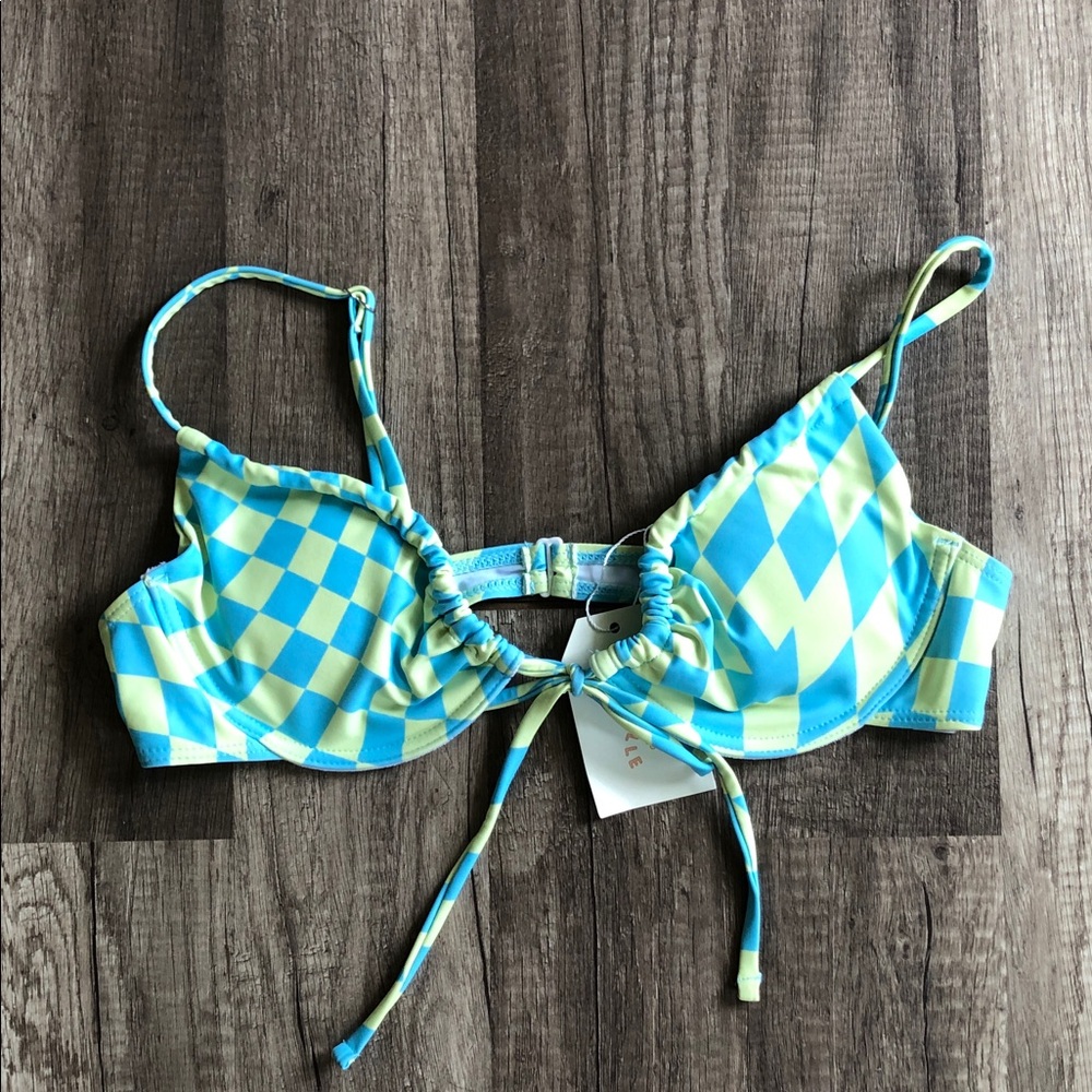 Aurelle Swim Riza Blue and Yellow Checkered Swim Top NEW - Picture 2 of 7
